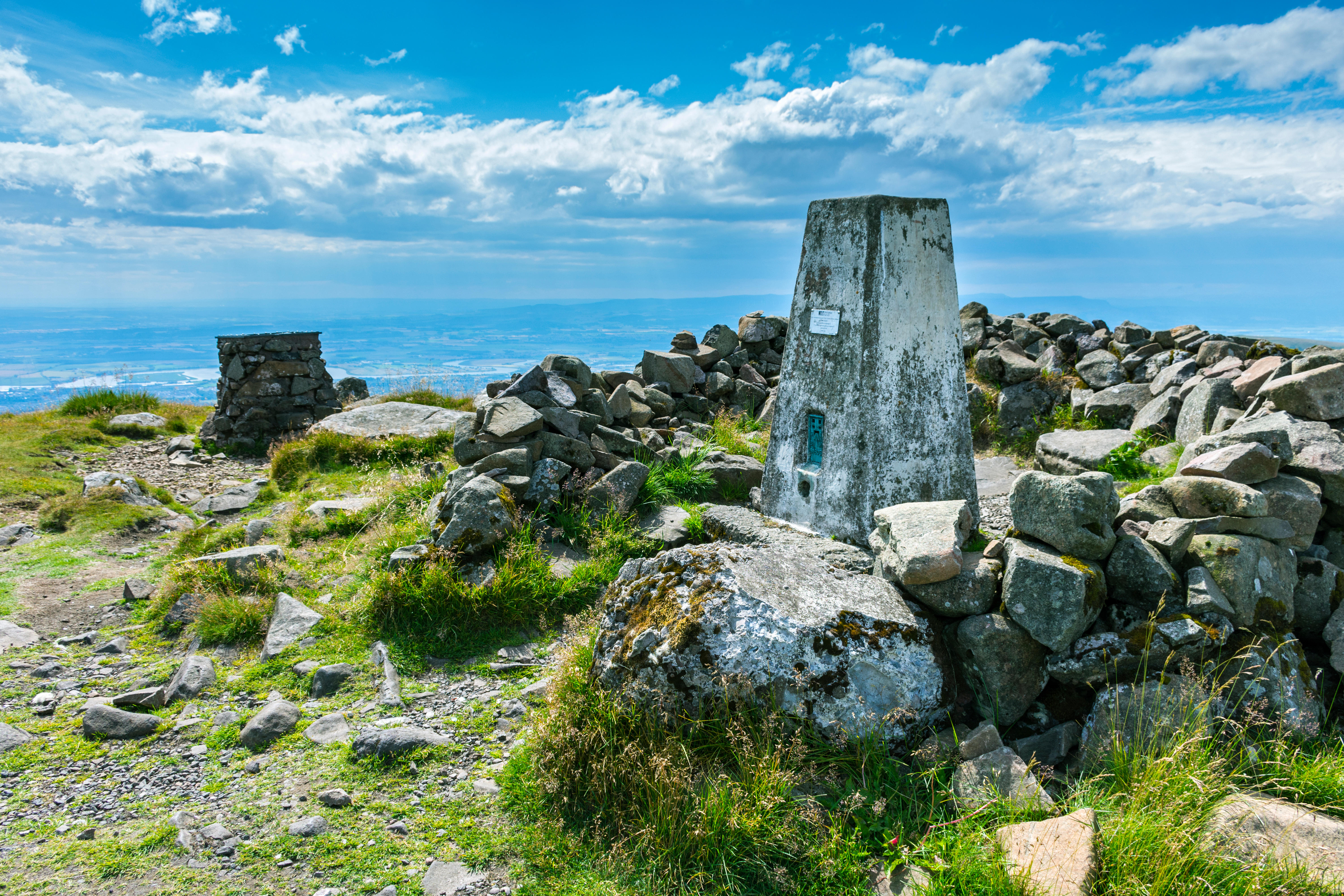 Viewpoint indicator and trig point at the summit of Ben Cleuch.
