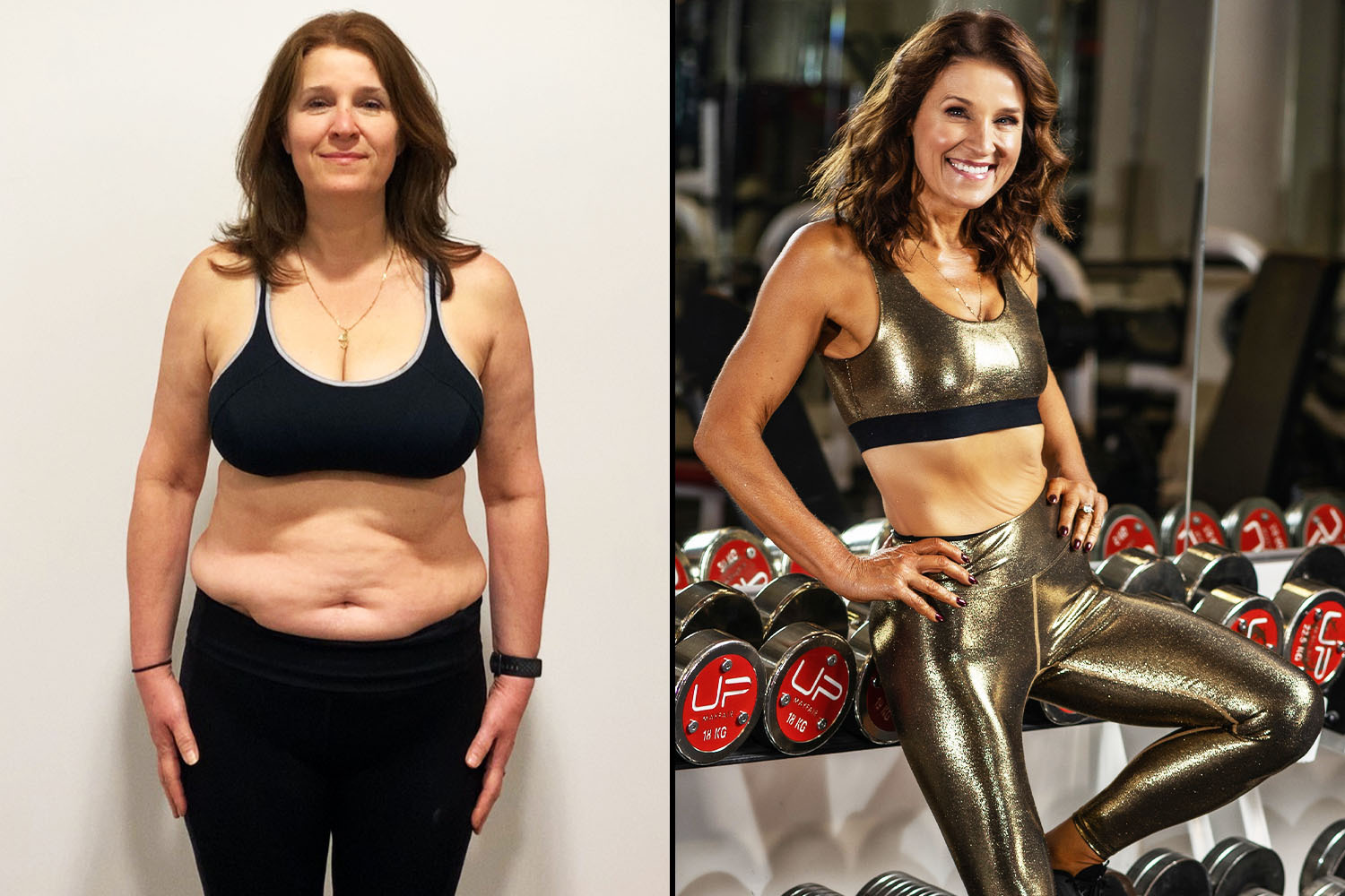 Before and after photos of a woman's fitness transformation.