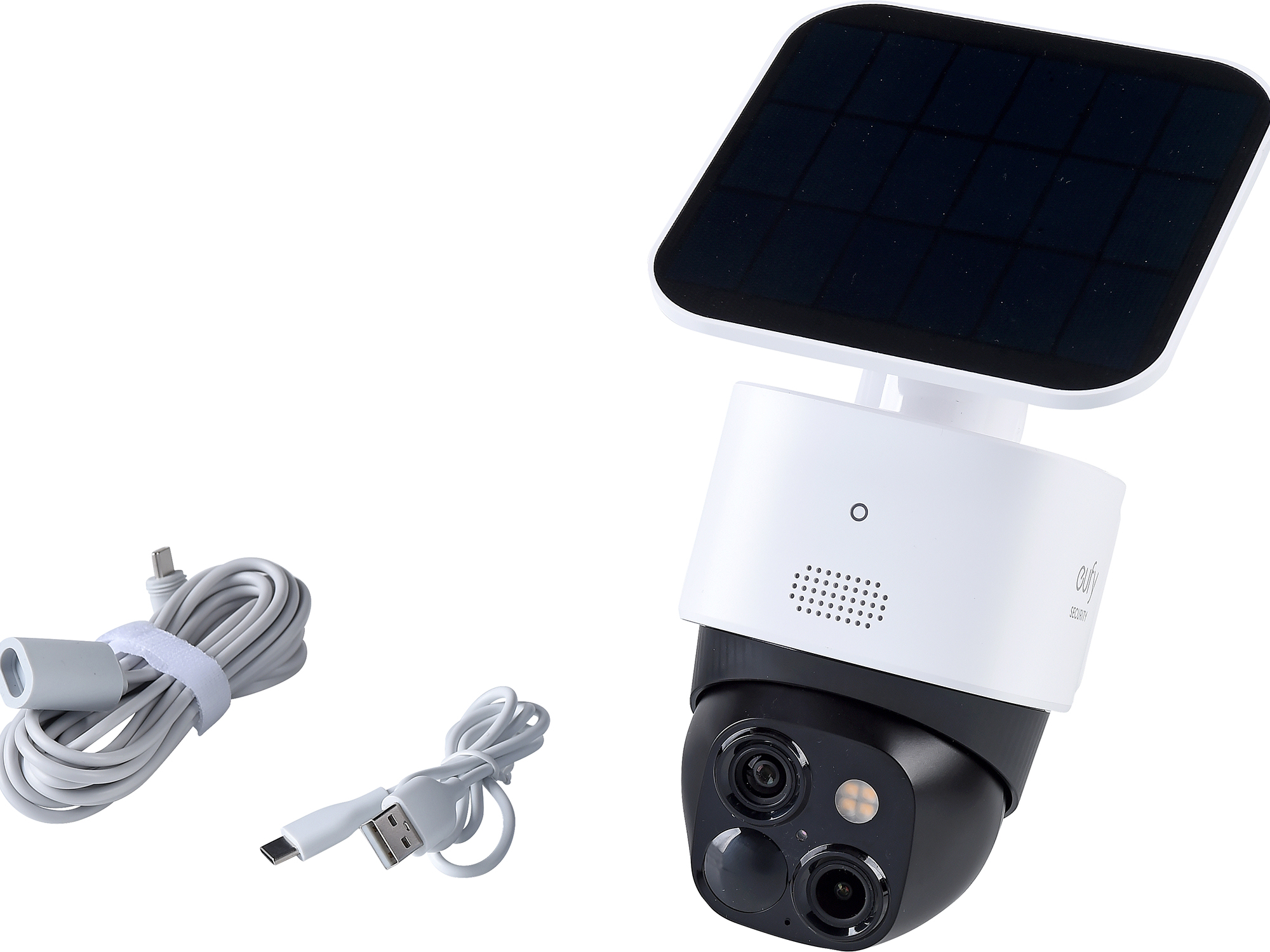 Eufy SoloCam S340 security camera with solar panel and cables.